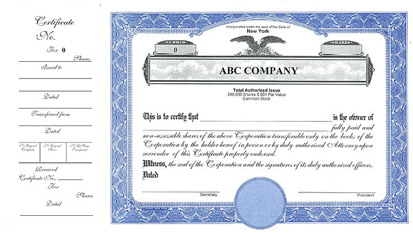 CorpKit Custom Eagle Side Stub SS2 Single Class Stock Certificates