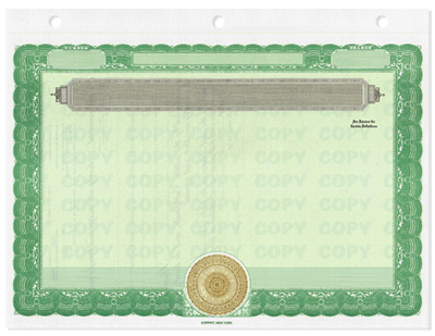 Stock Certificates Blank Standard with Standard Wording on the Back