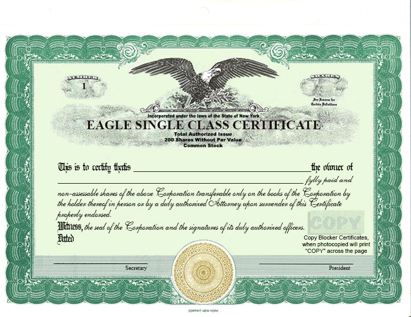 Custom Stock Certificates Single Class Corporation