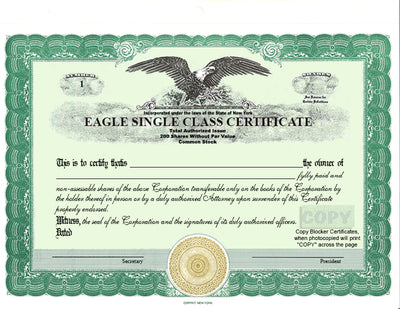 Custom Stock Certificates Single Class Corporation