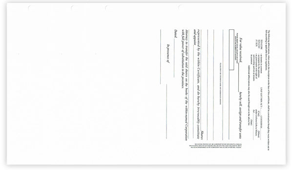 Blank Side Stub Certificates with Standard Wording on the Back SS BW1