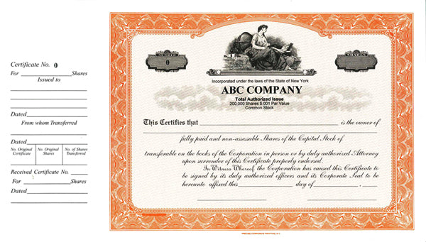 CorpKit Custom Side Stub SS3 Justice Lady Single Class Stock Certificates