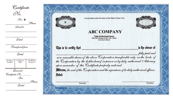 CorpKit Custom Standard Side Stub SS4 Single Class Stock Certificates