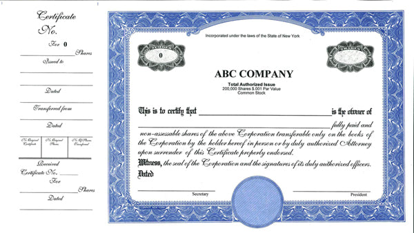 CorpKit Custom Side Stub SS5 Single Class Stock Certificates