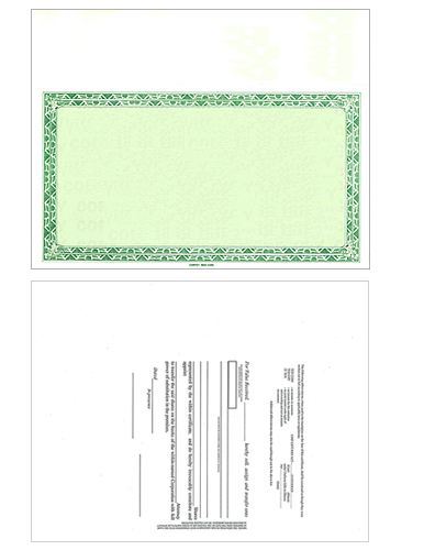Top Stub Stock Certificates with Standard Wording on the Back