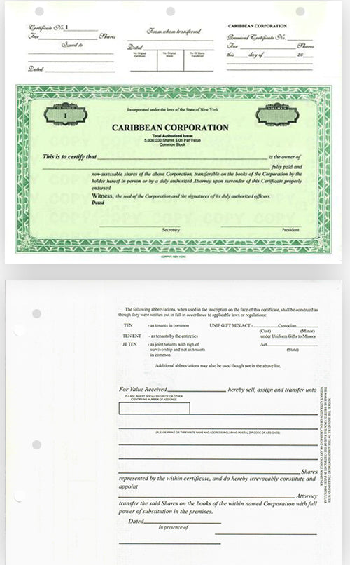 Custom Top Stub Certificates Single Class Corporation