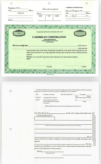 Custom Top Stub Certificates Single Class Corporation