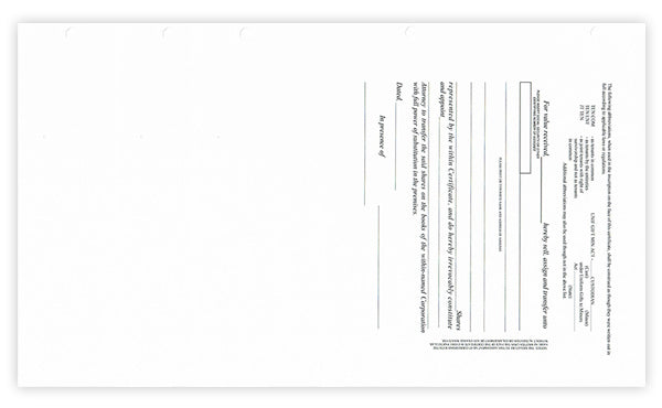 Blank Side Stub Certificates with Standard Wording on the Back SS BW3