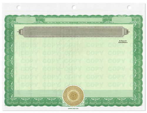 Stock Certificates Blank Standard with Standard Wording on the Back